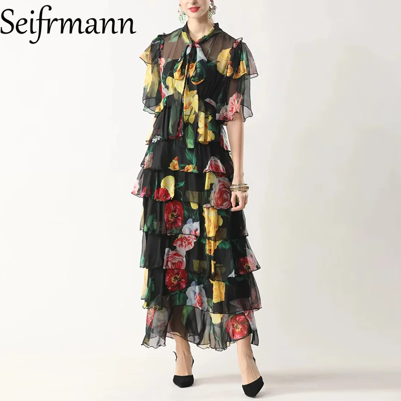 Seifrmann 2026 Nowa Damska Sukienka Letnia z Szalowym Kołnierzem, Falbankami, Wyszczuplająca, Elegancka, z Nadrukiem, Jedwabna, Długa Sukienka