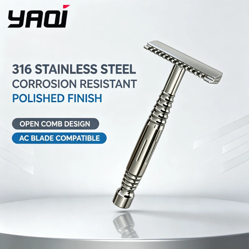 2026 YAQI High Quality Romulus Open Comb Polished 316 stainless Steel AC Blade Single-edged Mens Shaving Safety Razor