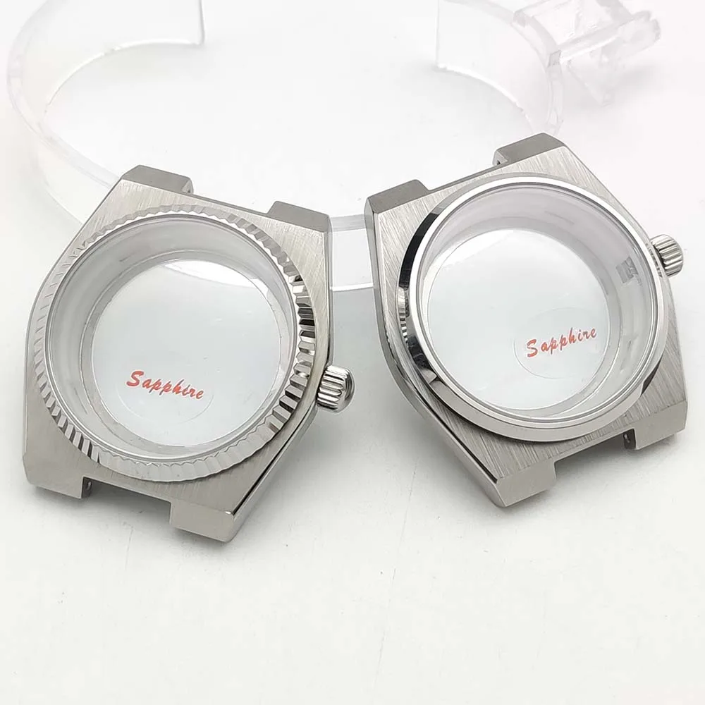 Nuevo 2025 NH35 40MM cristal de zafiro bisel estriado cajas de reloj piezas compatibles con movimiento NH35/NH36 parte trasera transparente