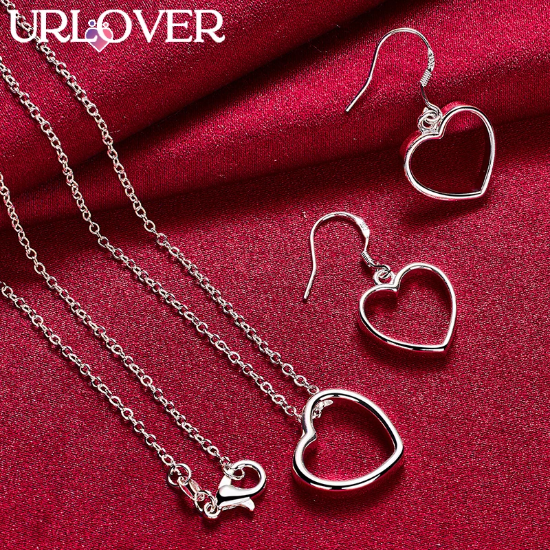 

URLOVER 925 Sterling Silver Heart Chain Necklace Earring Set For Woman Fashion Party Wedding Charm Jewelry Lady Birthday Gift