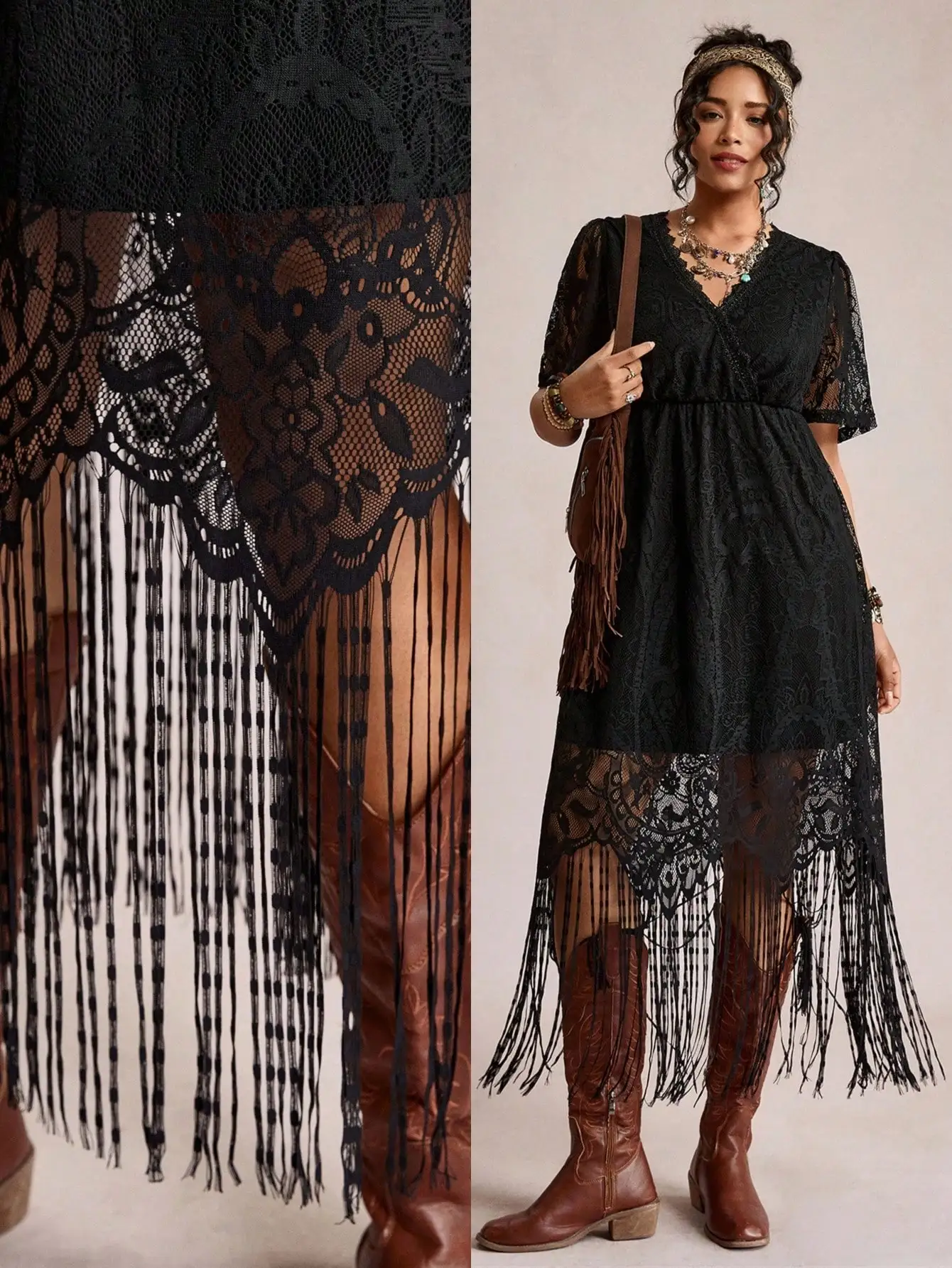 

Black Lace Tassel Midi Dress Bohemian V-Neck Short Sleeve Festival Dress