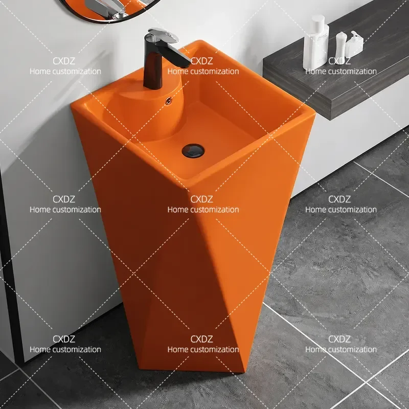 Matte Diamond Pillar Basin Floor Standing Washbasin Integrated Black Orange Color Pedestal Sink Bathroom Vanity Unit