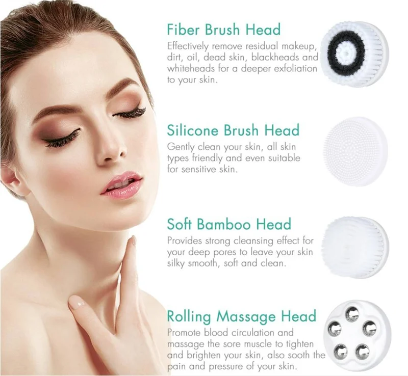 Spazzola per il lavaggio del viso vibrante elettrica sonica rotante 4 in 1 Spazzola per la pulizia del viso Detergente per il viso Spazzola per la pulizia del viso in silicone