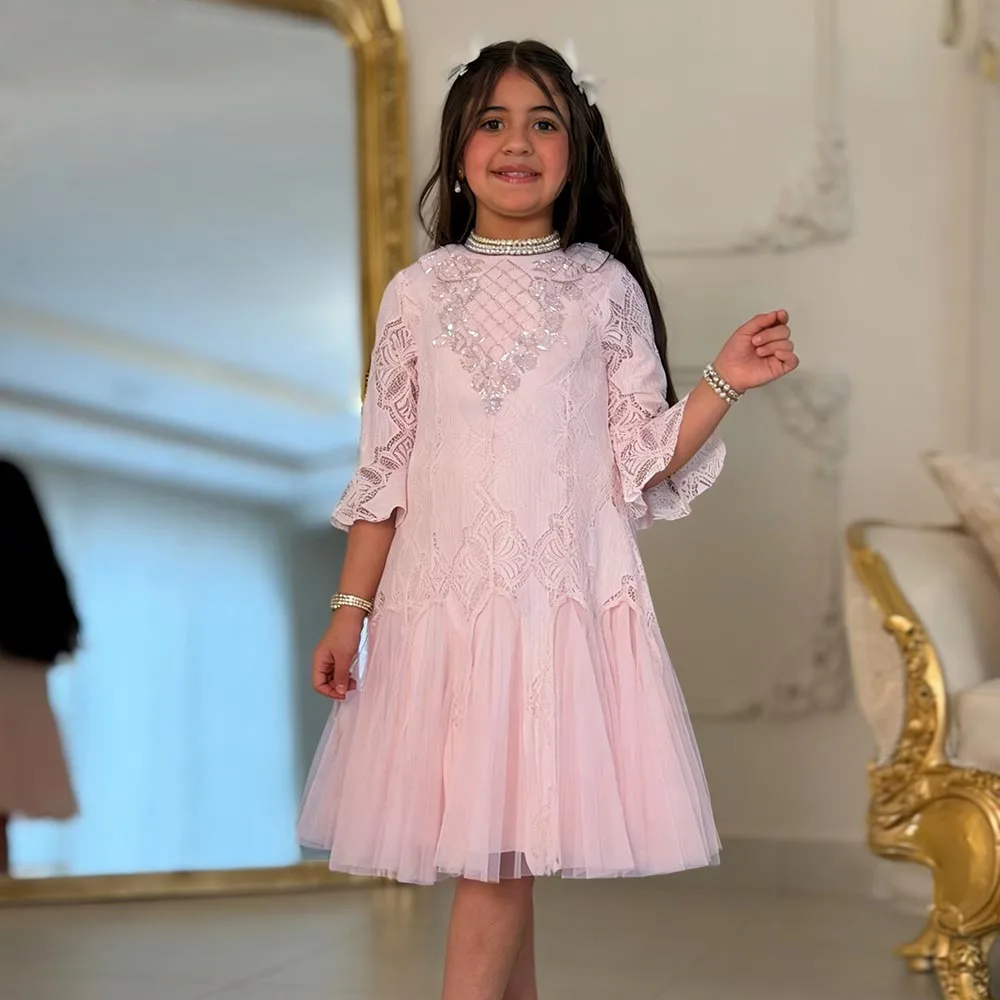 

PInk Flower Girl Dresses O-neck Dress For Girls Flare Sleeve Pearls Birthday Dress Lace Girl Princess Dress Cute Kids' Dresses