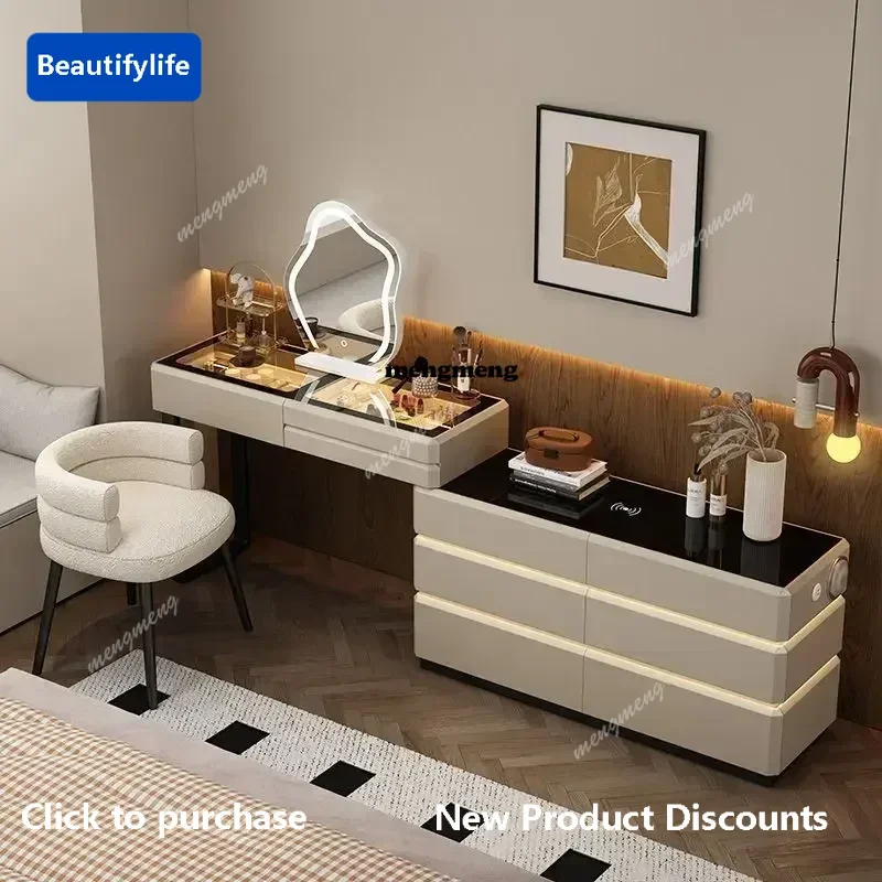 F85 Modern Dressing Table Vanity Desk with Wireless Charging Station Bluetooth Speaker Glass Top Lighted Mirror with 8 Drawers S
