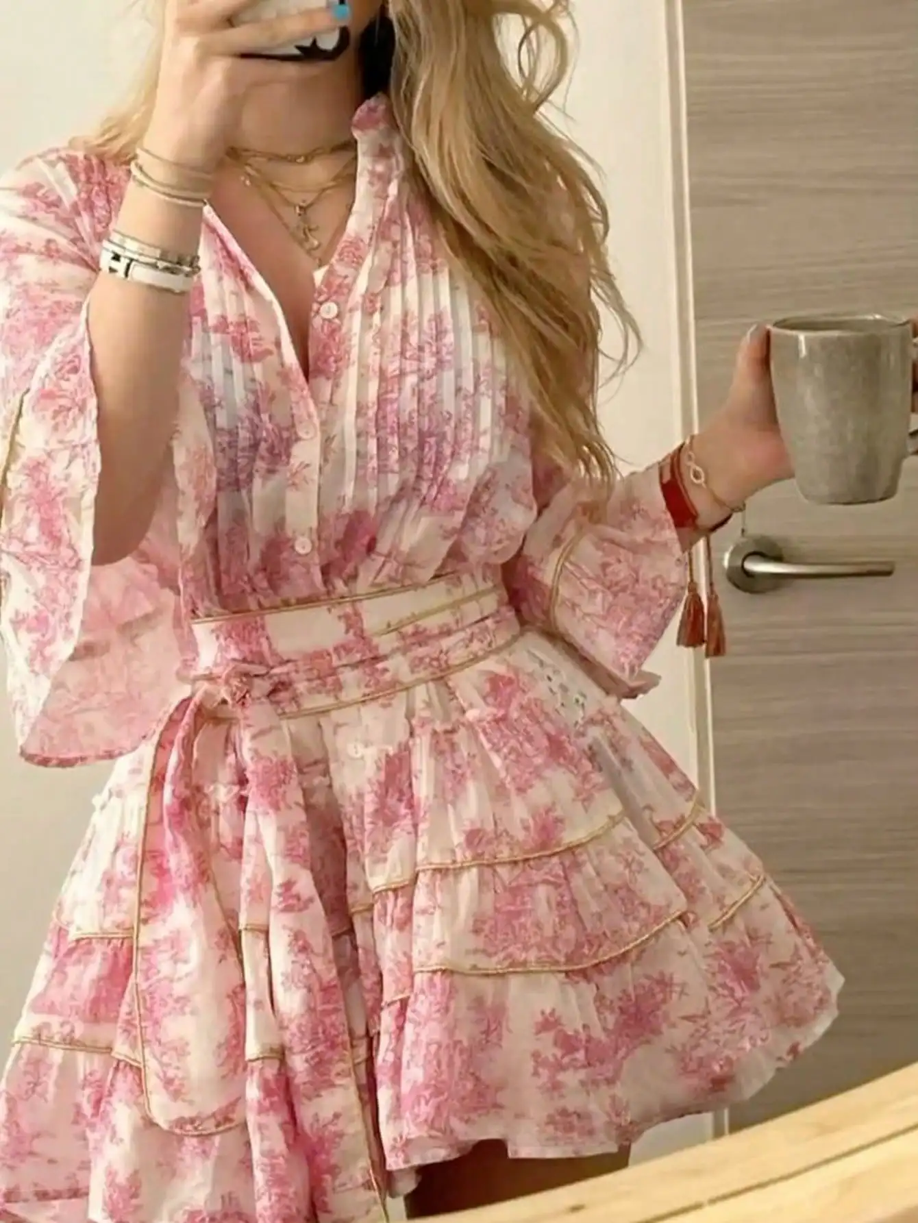 

Women's Pink Floral Print Button-Front Tiered Dress with Ruffles and Belt