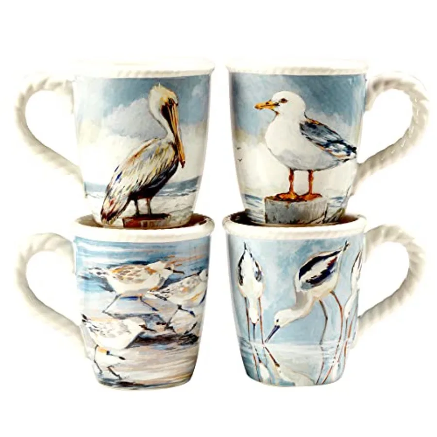 

Shorebirds 18 oz. Ceramic Mugs Set of 4 Coastal Coffee Cups with Heron Seagull and Shorebird Artwork Nature-Inspired Mugs for H