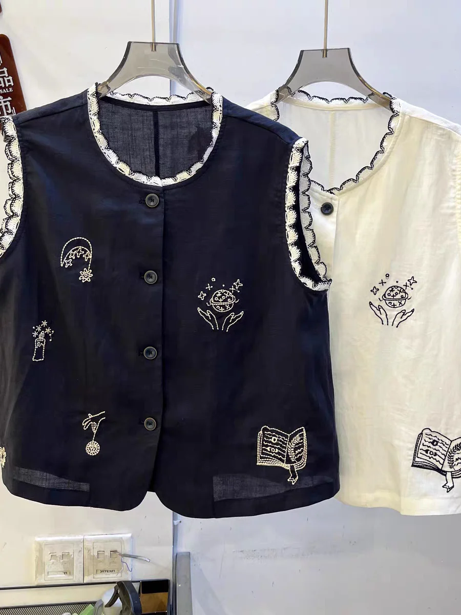 

Casual Embroidered Cotton Linen Svel Oversized round Ne Single Button Loose Summer Vest Artistic Sle Women's Faion