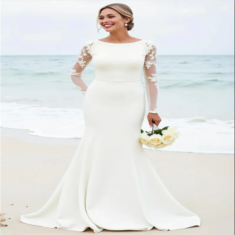 

White Mermai Bridal Gowns Sweep Train Full Sleeves Wedding Gowns O Neck Bridal Dresses 2025 Women Wedding Dress Custom Made