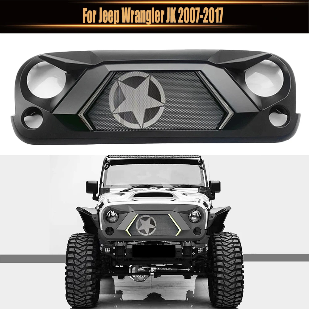 

For Jeep Wrangler JK 2007-2017 With DRL Light Car Accessories Front Racing Grills ABS Grill Mesh Raptor Grille Mask Trims Cover