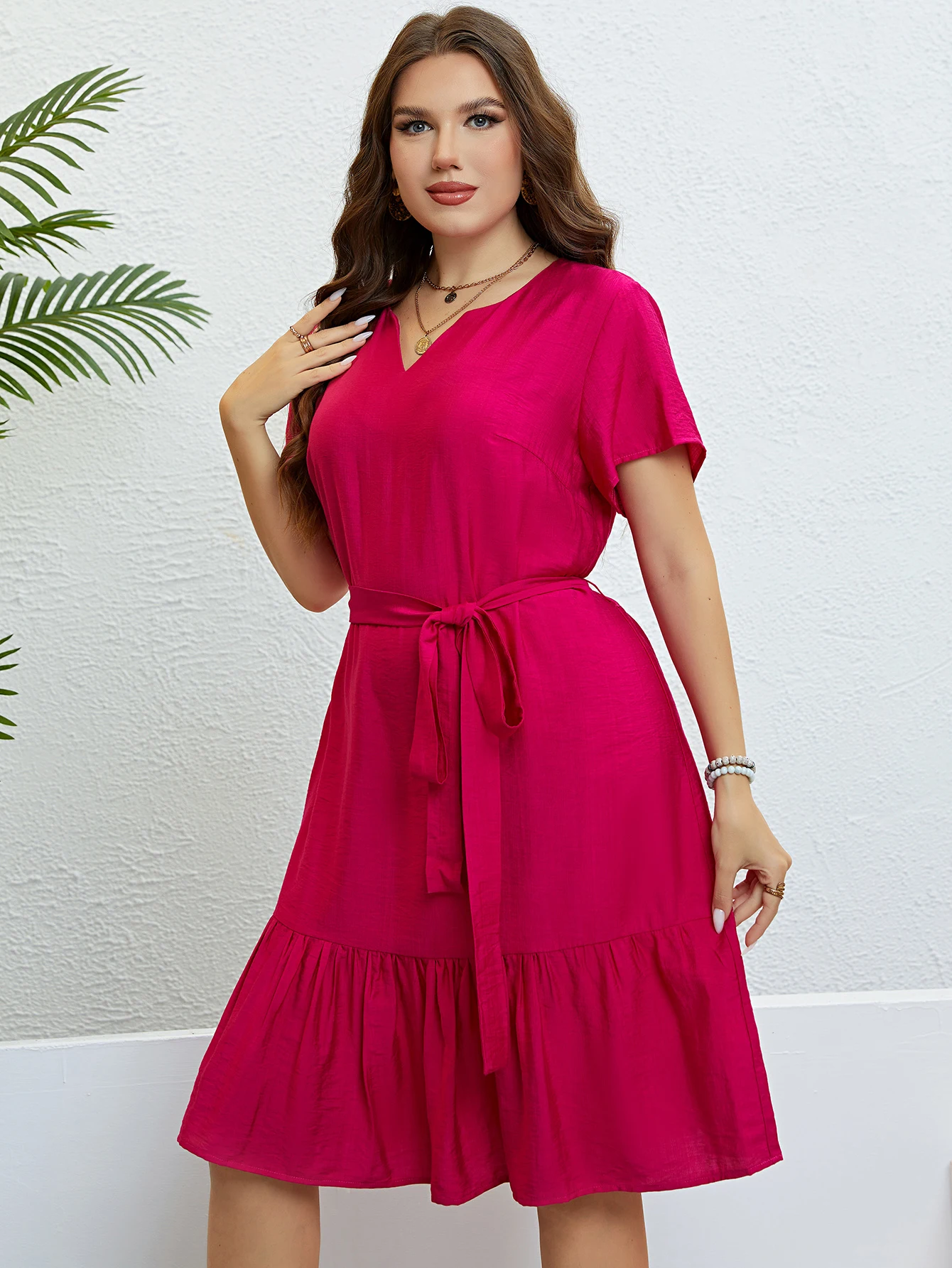 Plus Size Summer New Style Short Sleeve V-neck Solid Elegant Dress For Women Outfits Casual A-line Party Large Size Midi Dresses