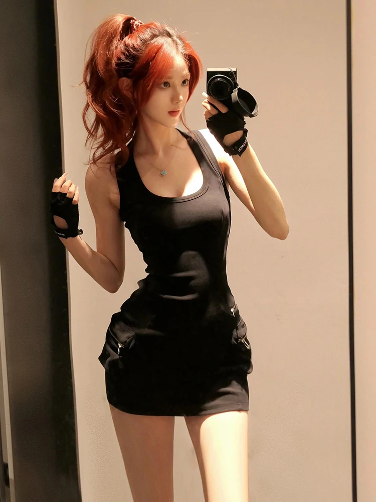 美的セクシーな夏の新しいスキニードレスハイストリートホットガールスリングスリムオフショルダードレス女性ヴィンテージ Y2k 黒シースドレス