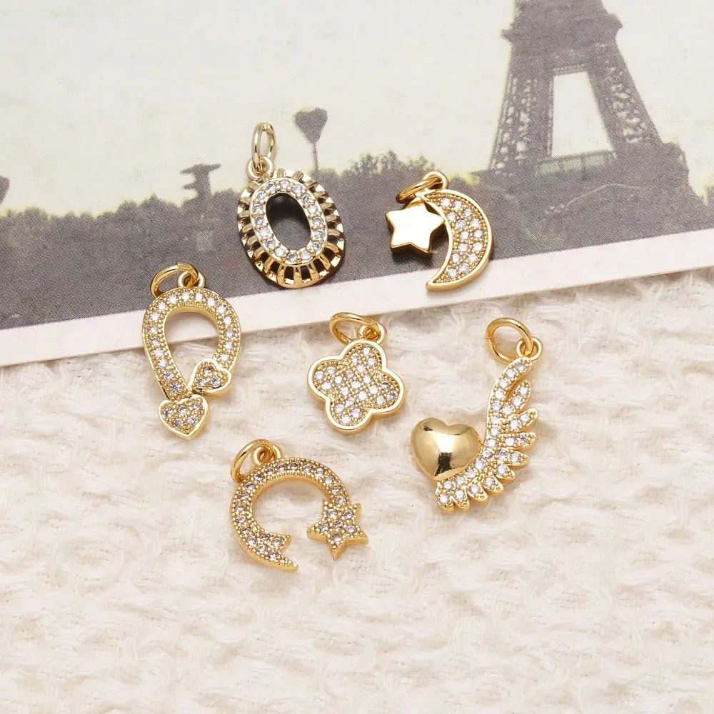 OCESRIO White Crystal Small Moon Star Charms for Bracelet Copper Gold Plated Heart Cactus Jewelry Making Supplies chma388