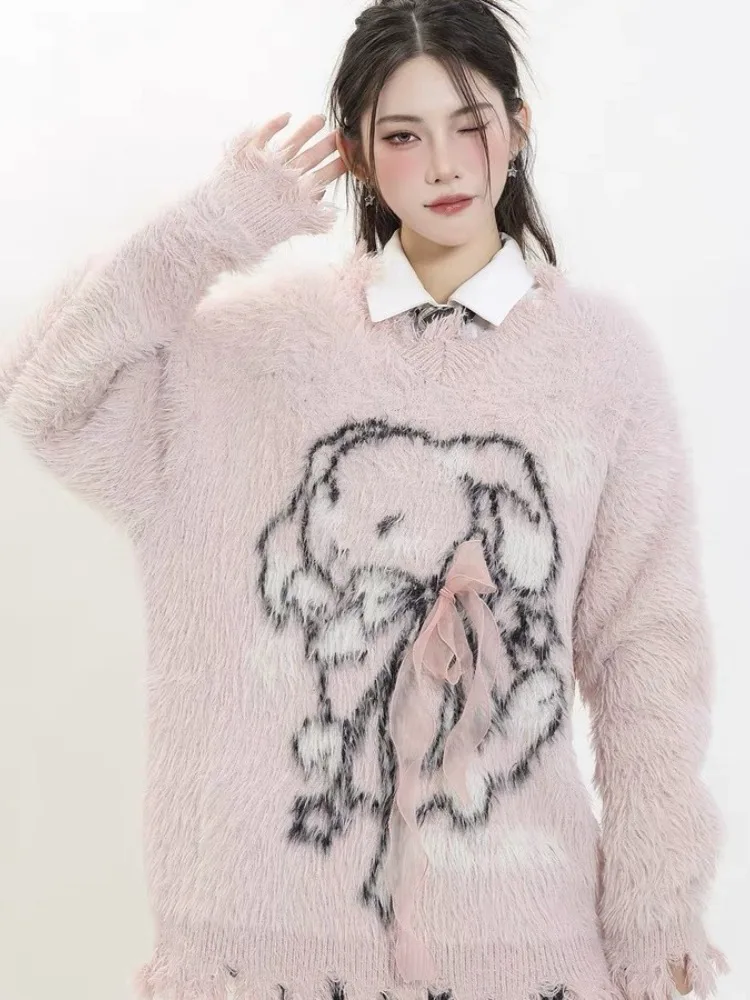 Y2k Aesthetic Women Sweet Cartoon Jacquard Sweaters New Grunge Vintage Bow Hole Jumpers Loose Knitted Harajuku Pullovers Female