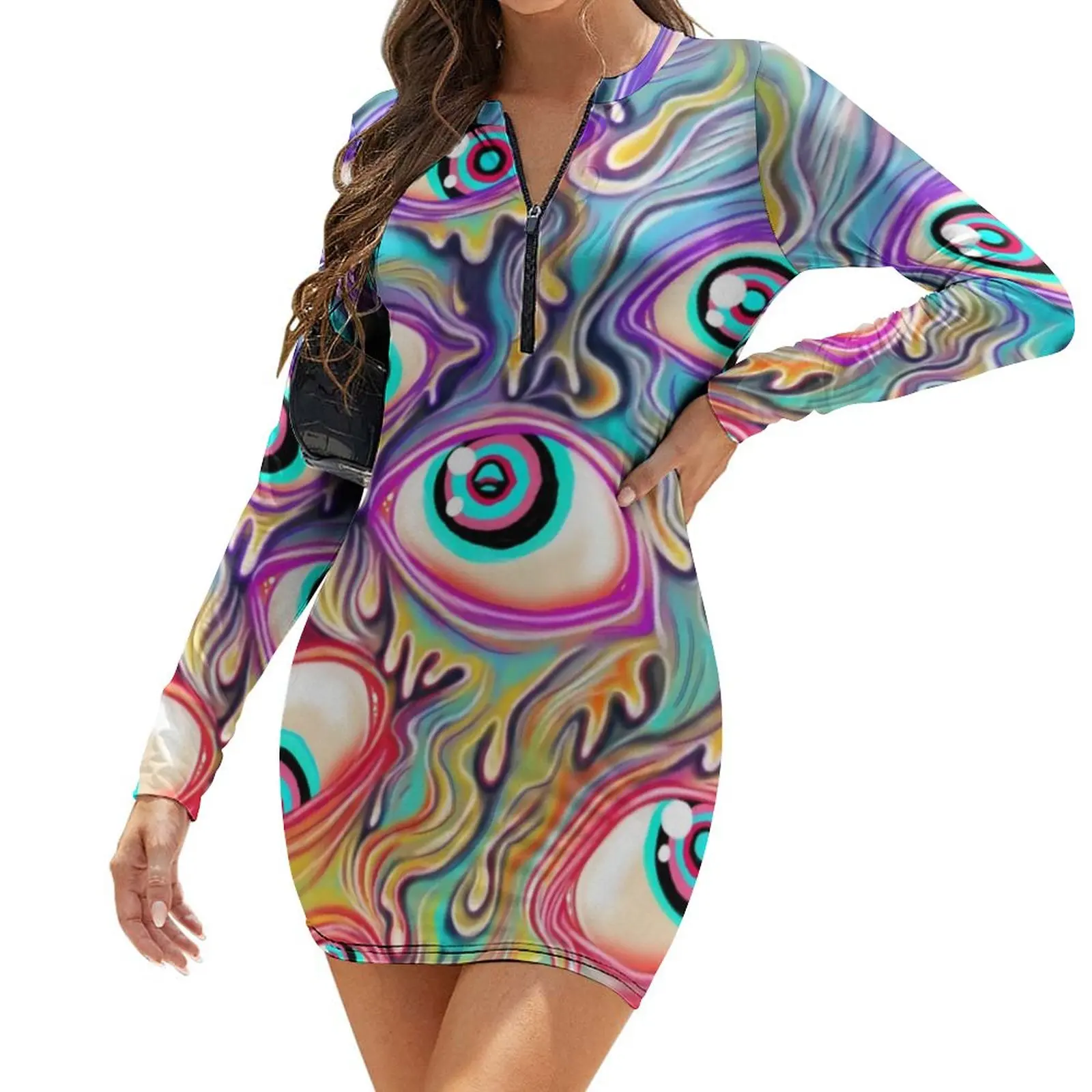 Colorful Dripping Eyes Dress Long Sleeve Eyeball Pattern Vintage Dresses Spring Women Street Style Print Bodycon Dress Big Size