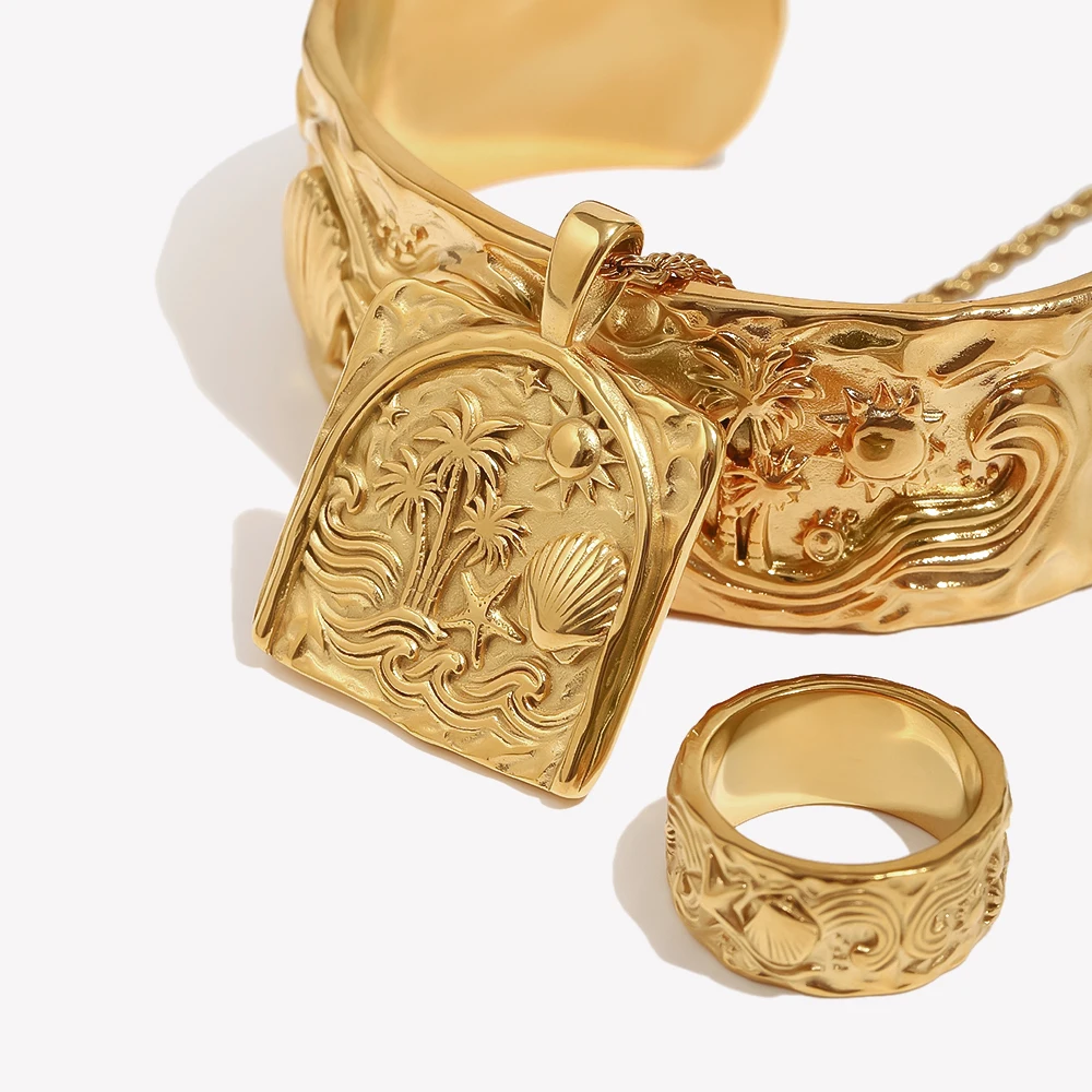 E.B.belle Embossed Square Twist Tropical Island Jewelry Set 18K Gold Plated Necklace Open Cuff Bangle Ocean Beach Accessories
