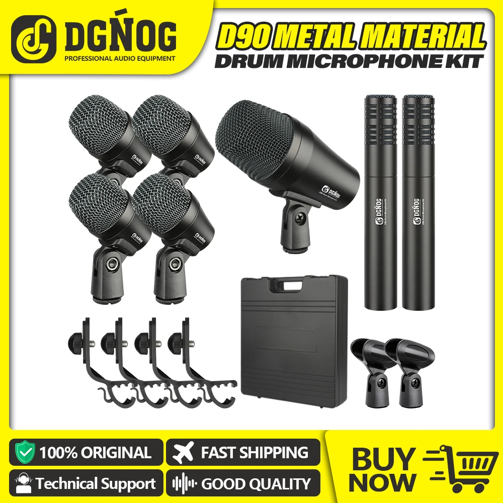 

D90 7 Piece Metal Wired Dynamic Drum Microphone Kit Kick Bass Tom Snare Drum Cymbal Mics for Performing Recording Drummers DGNOG