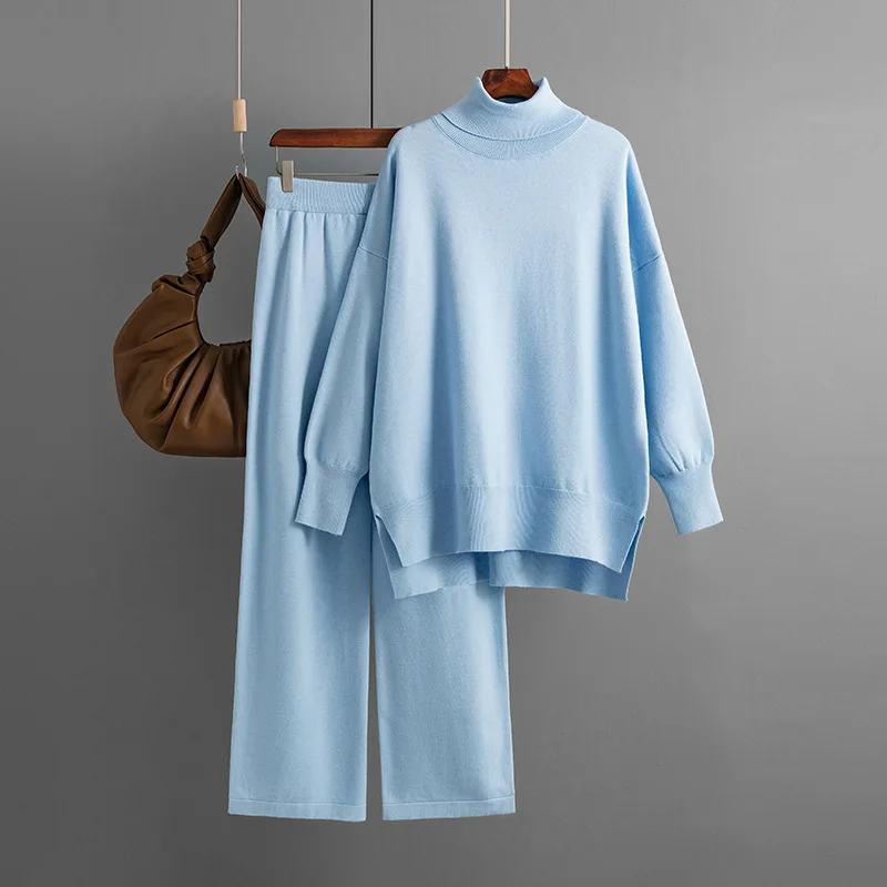Korean Solid Knitted 2 Piece Sets Women Turtleneck Long Sleeve Knitwears Sweater Tops Suits Casual Wide Leg Pants Conjuntos New
