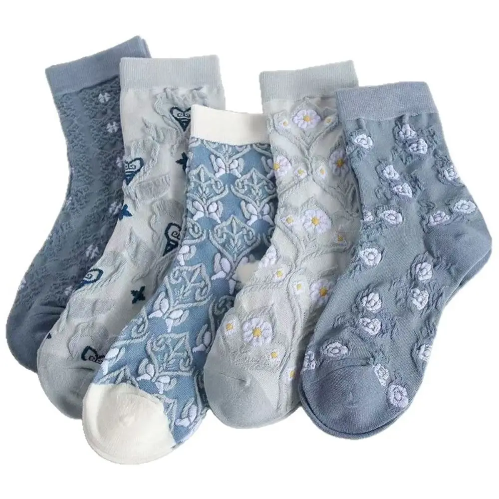 5 Pairs Fresh Blue Floral Print Crew Socks Breathable Soft Ankle Socks Elastic Cuff Cotton Casual Socks Daily Wear