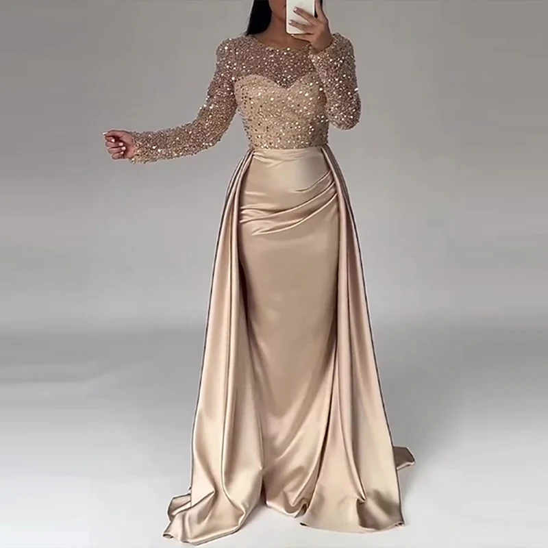 2024 New Year Women Evening Dress Elegant Sequin Patchwork Slim Banquet Dress Lady Temperament Long Sleeved Pleated A-line Dress