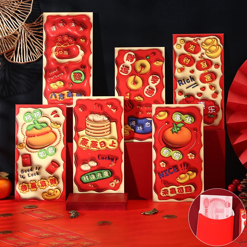 6PCs Cartoon 2025 Chinese New Year Red Pocket Traditional Hong Bag Lucky Moneybags Blessing God Of Wealth Red Envelope