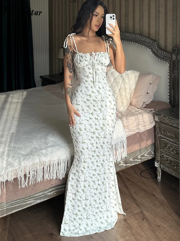 Y2K Floral Print Sleeveless Backless Slips Lace Up Maxi Dress Sexy Bodycon Summer Elegant Outfits Holiday Party Vacation Dresses