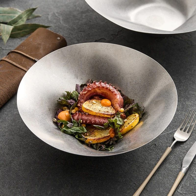

Stainless Steel Plates Deep Soup Bowls for Home Kitchen Restaurant Metal Dishes Set Durable Easy Clean Fruit Serving Dishwasher