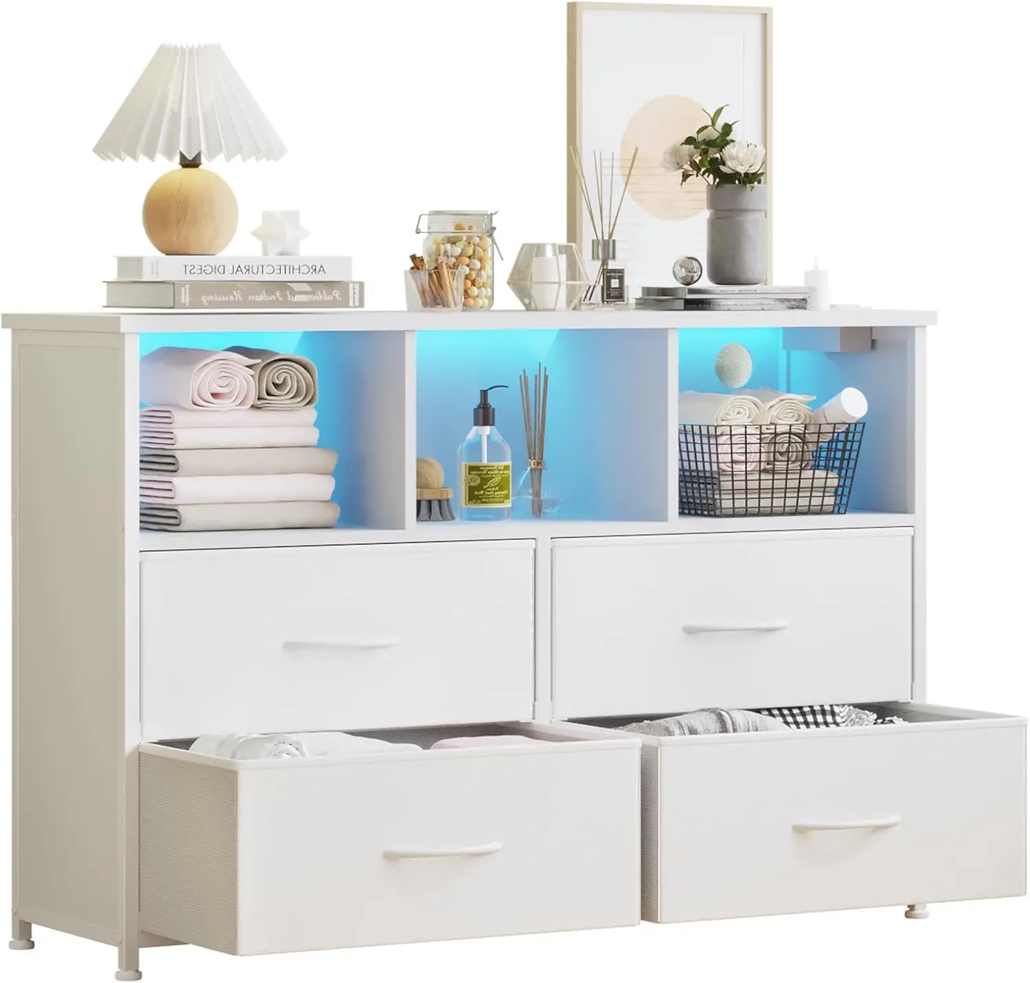 4-Drawers Dresser with 3 Open Storage Shelves, Fabric Dressers Drawers for Bedroom, Hallway, Nursery, Closets (White)