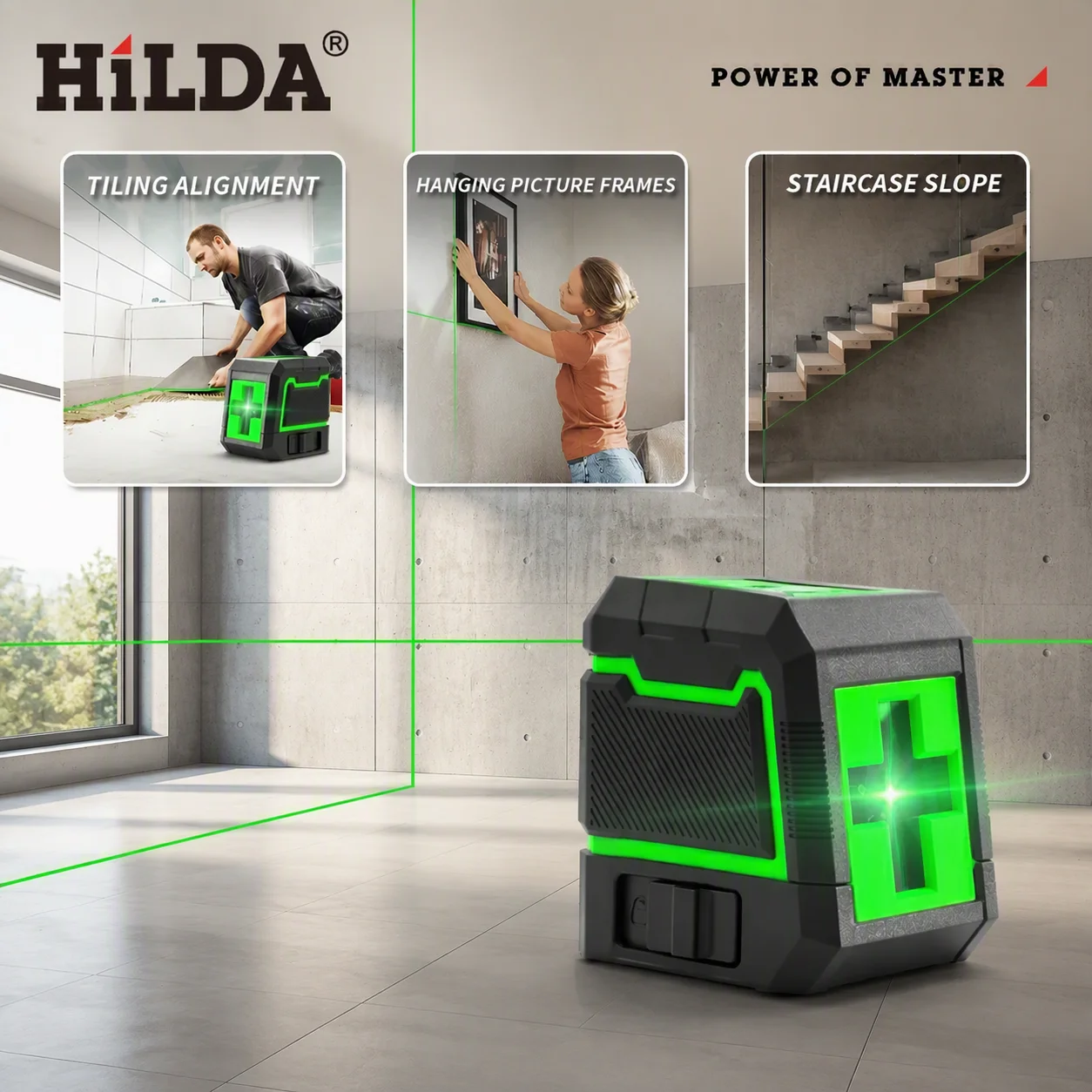 HILDA 2 Lines Green Laser Level Mini Portable Self‑Leveling Laser Level Cross Line Laser Measuring Tool For Home Decoration