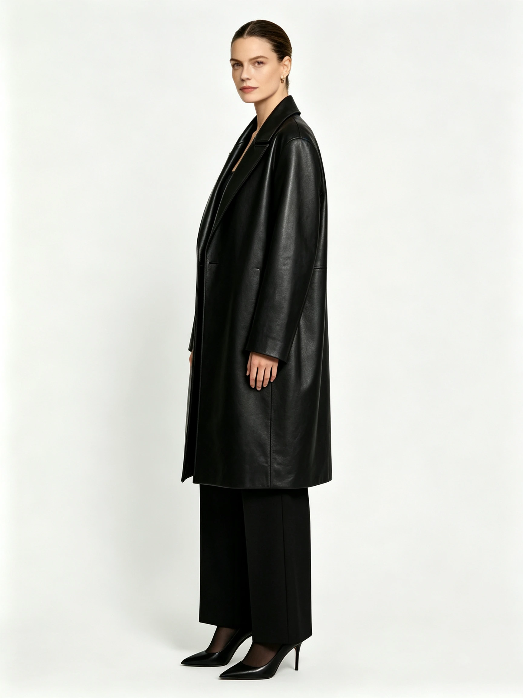 Women's Faux Leather Longline Coat with Sharp Lapel Collar and Open Front Design