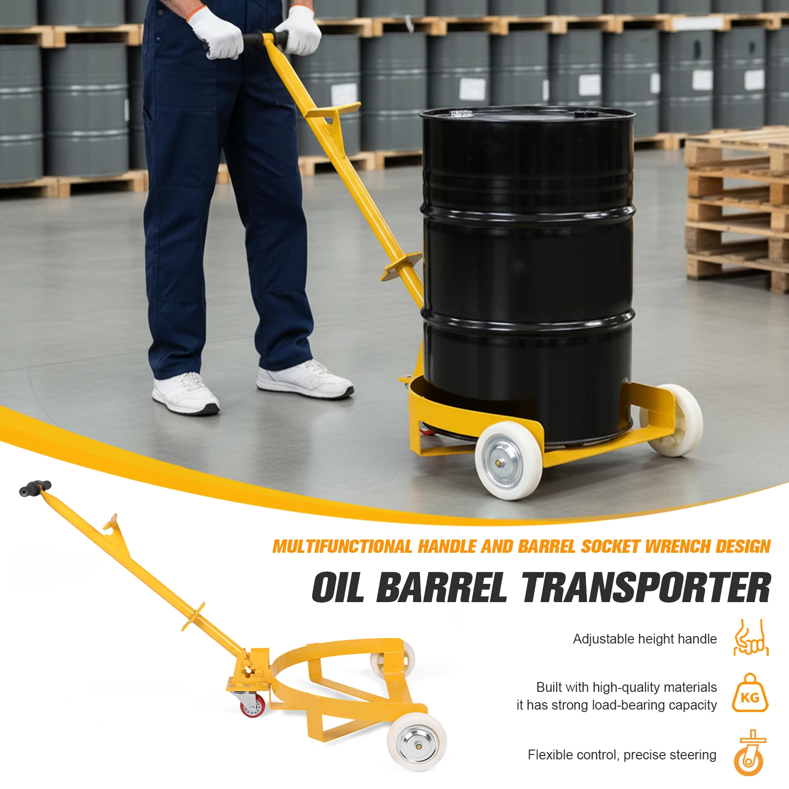 

55 Gallon Drum Cart with Swivel Wheels Movable Drum Cradle with Wrench & Height Adjustable Handle for Garages Warehouse Workshop