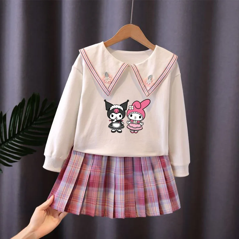 Traje plisado de Anime Sanrios para niñas, Hello Kittys Mymelody, moda Jk, Kuromi Cinnamoroll, falda estilo Preppy, ropa de primavera, 2 piezas