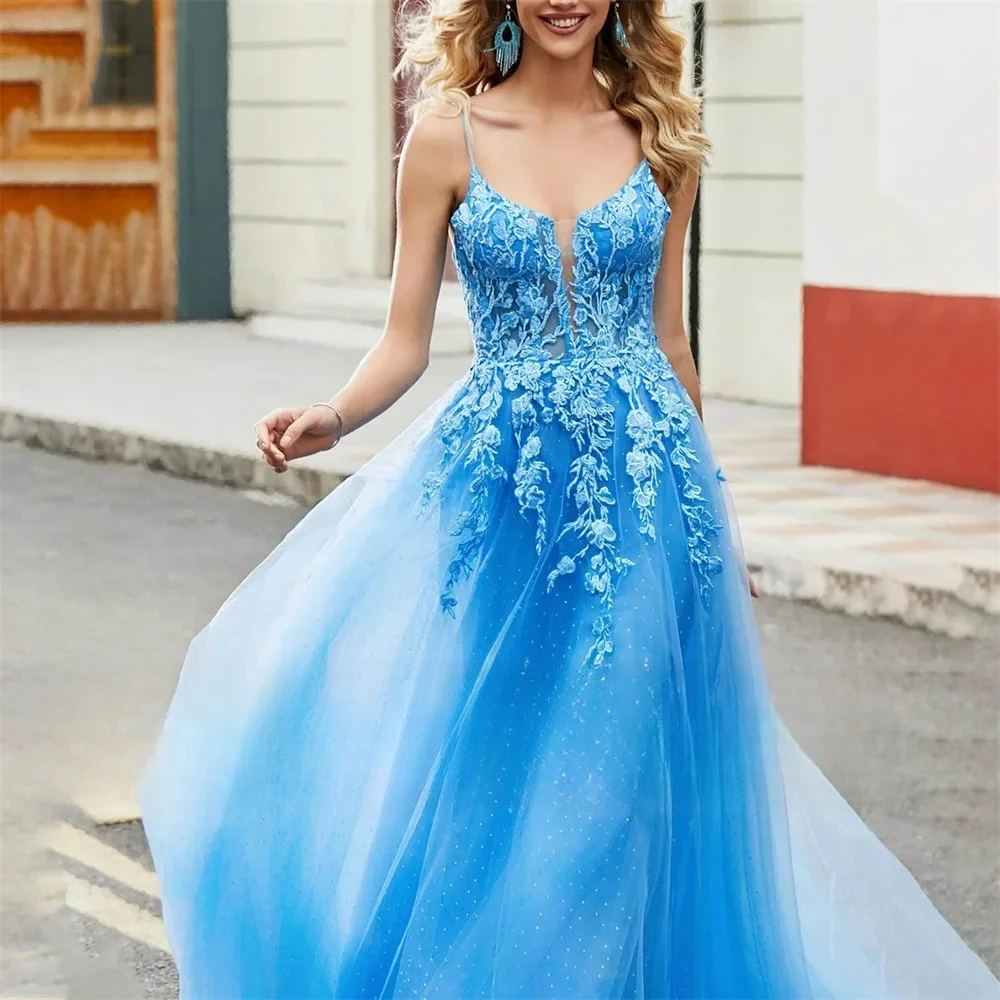 Tüll-Abendkleider für Damen, V-Ausschnitt, langes Ballkleid, Spitzenapplikation, formelle Partykleider, Robes de Soirée, Partykleid