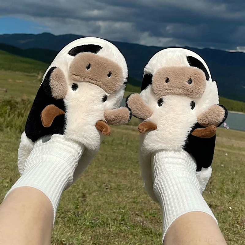 Funny Animal Slippers For Men Women Kawaii Fluffy Winter Warm Indoor Slipper Couples Cartoon Milk Cow House Slides Funny Shoes