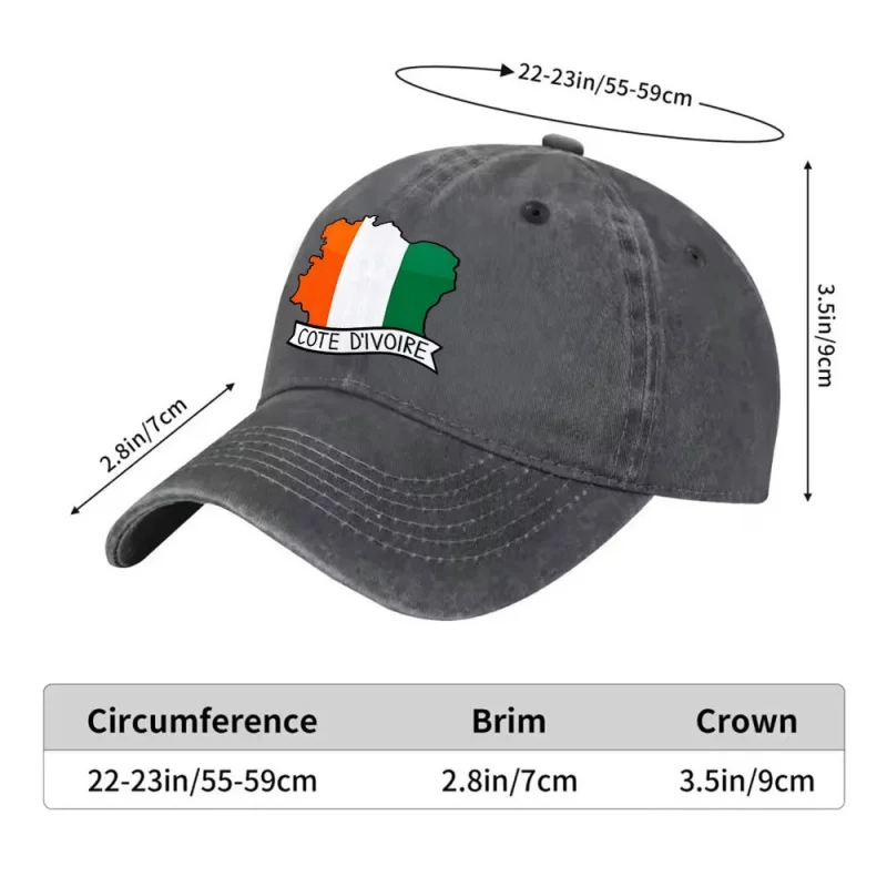Ivory Coast Flag Map Washed Baseball Cap Adjustable Buckle Lightweight Breathable Unisex Daily Travel Gift