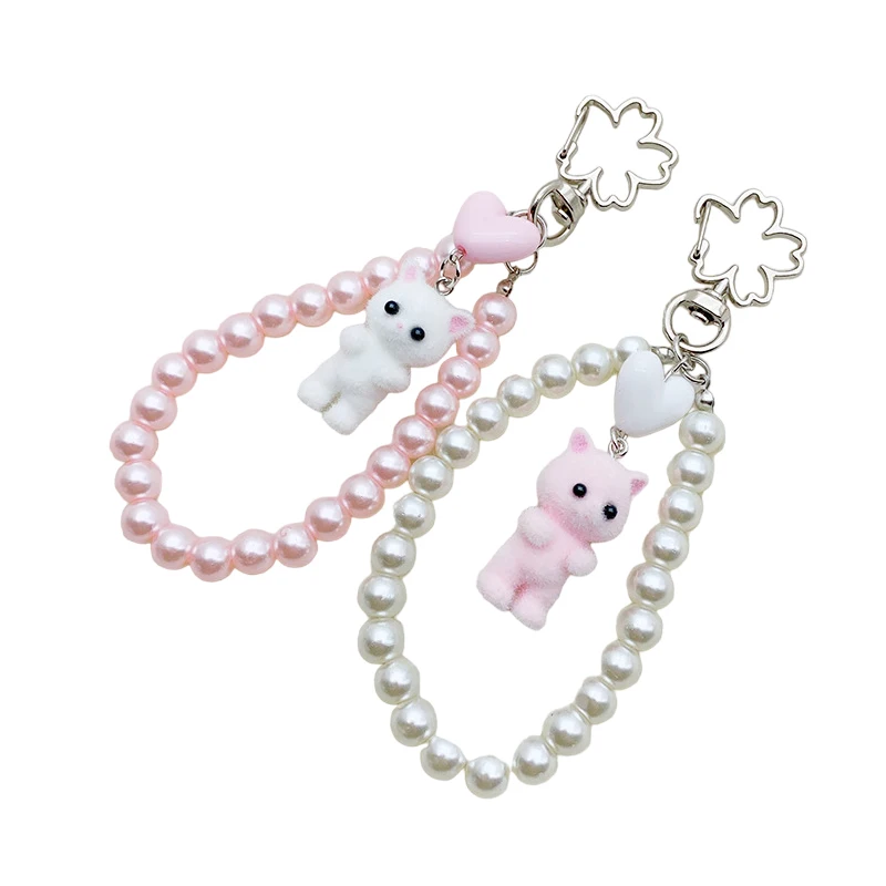 1 * niedliche beflockte Katze Liebe Nachahmung Perle Perle Schlüssel bund Handy kette Anti-Lost Lanyard Plüsch Kätzchen Tasche Anhänger Kamera kette