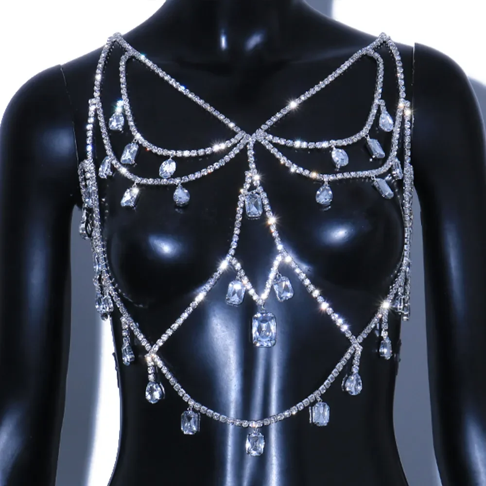 XSBODY Charm Exaggerated Big Crystal Lingerie Chest Chain Water Drop Gem Rhinestone Bra Vest Chain Ladies Clubwear Jewelry