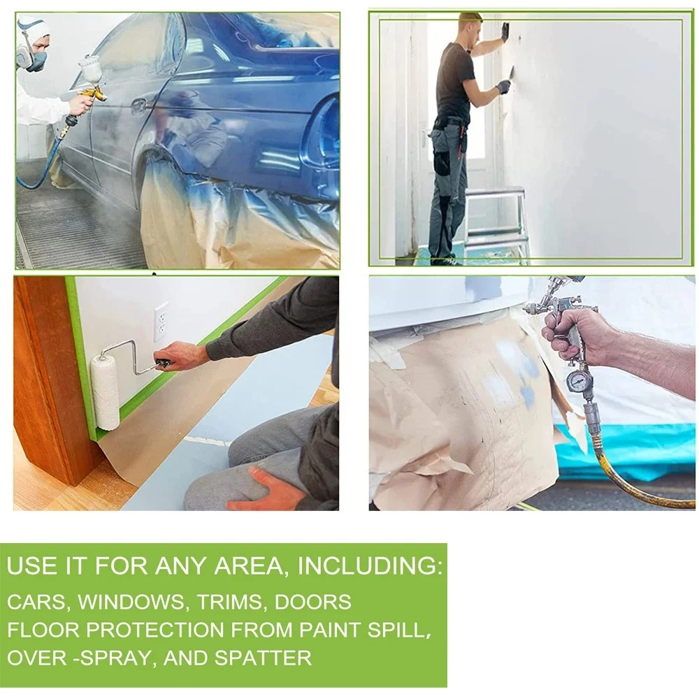 3 Rolls Pre-Taped Masking Paper Tape, Paint Plastic Covering For Wall Covering, Frames, Cars Auto Body Paint Supplies