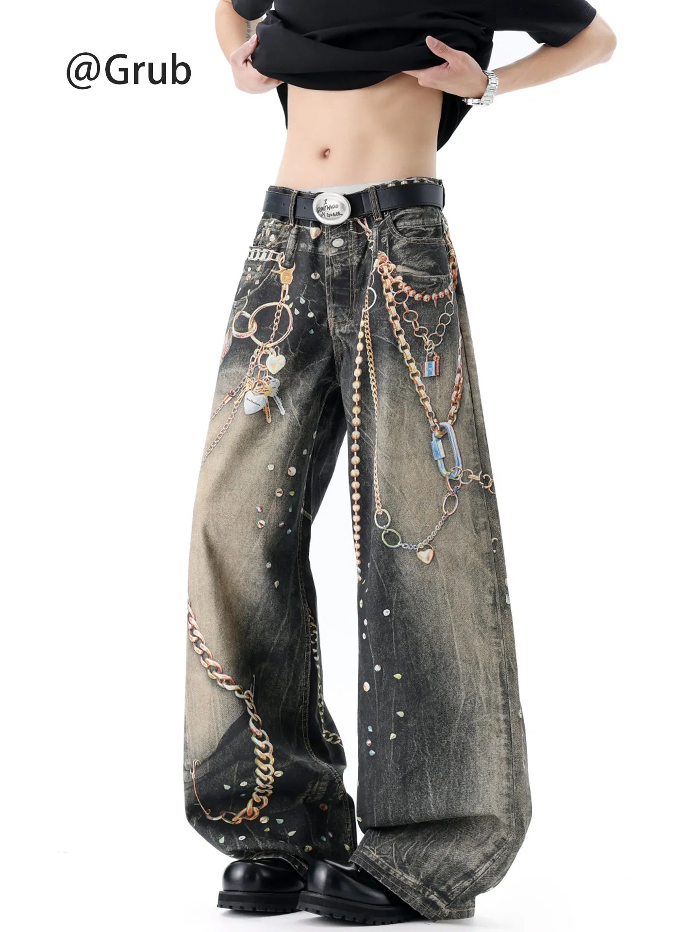 

American Style Chain Print Washed Casual Straight Leg Jeans Men Summer Vintage High Street Vibe Knife Shape Jeans