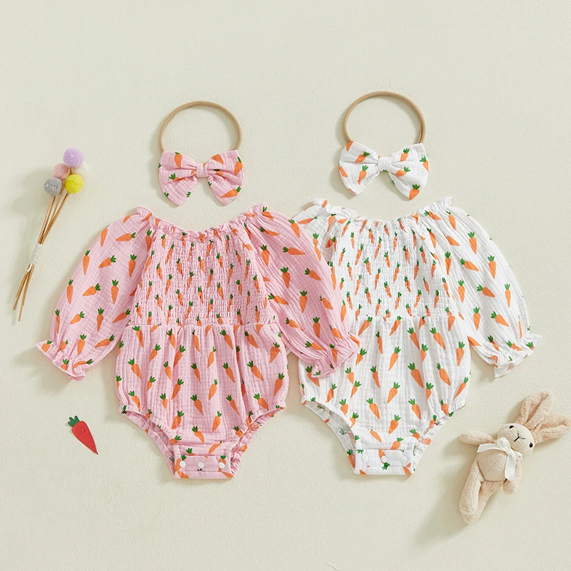 FOCUSNORM 2pcs Lovely Baby Girls Easter Romper Sets 0-24M Carrot Print Long Sleeve Ruffles Elastic Smocked Jumpsuit Bow Headband