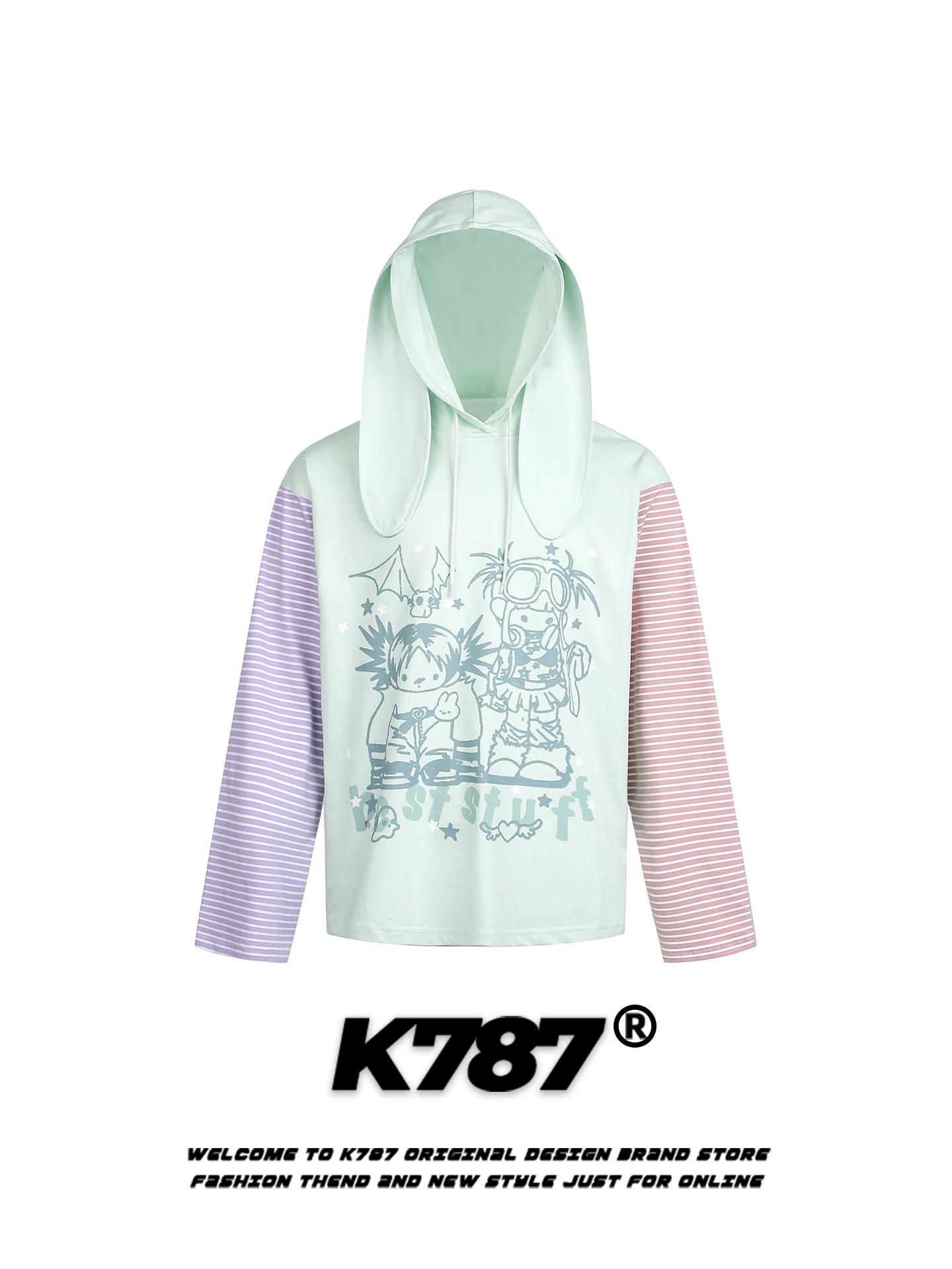 

K787 American Casual fiti Striped Hoodie Women's Color Blo Loose Sweet Sle Spring Hat irt Outerwear Cotton Long Sve