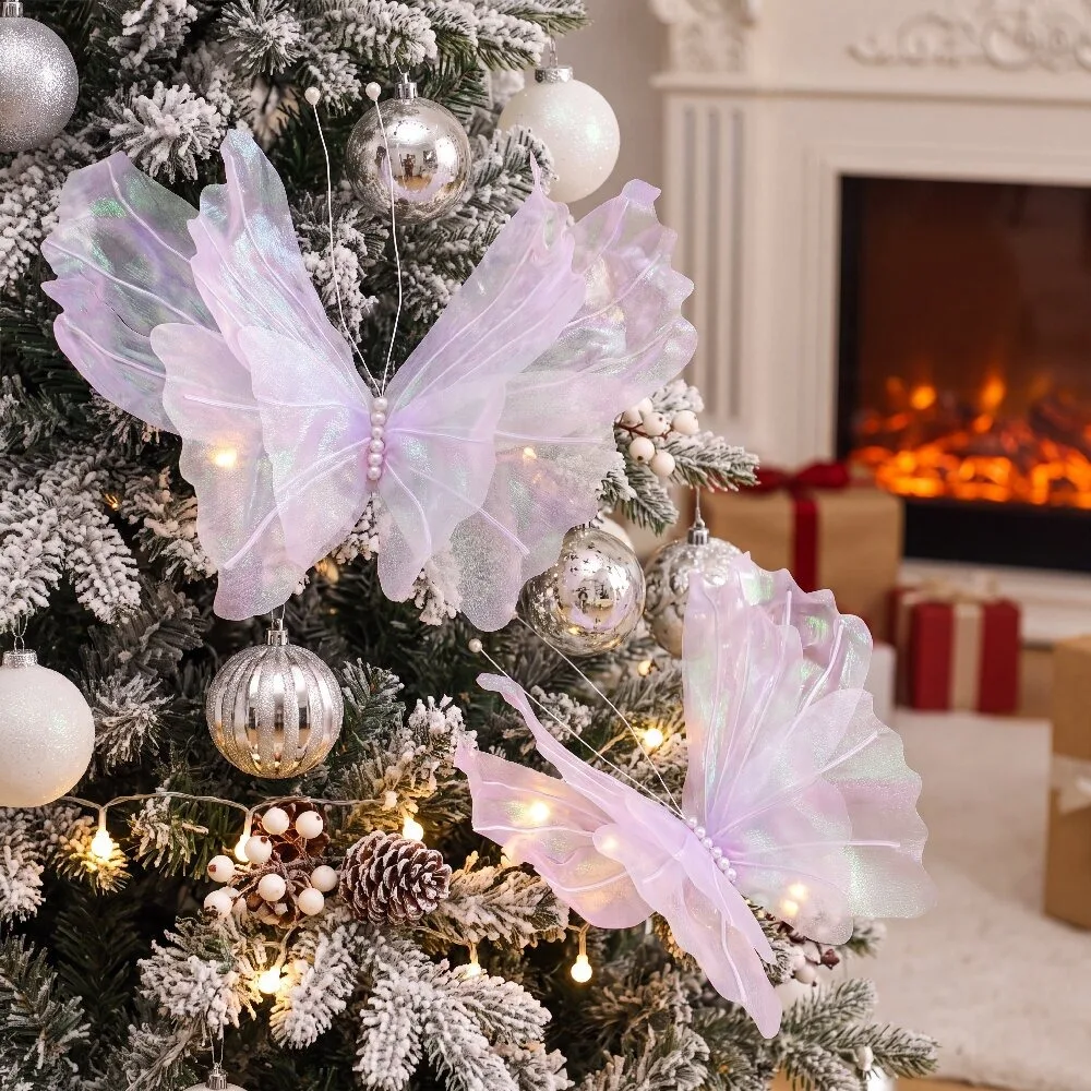3 große hängende Weihnachtsschmetterlingsdekorationen, synthetische Schmetterlinge mit Laserglanz, Weihnachtsbaumschmuck – Detail 9