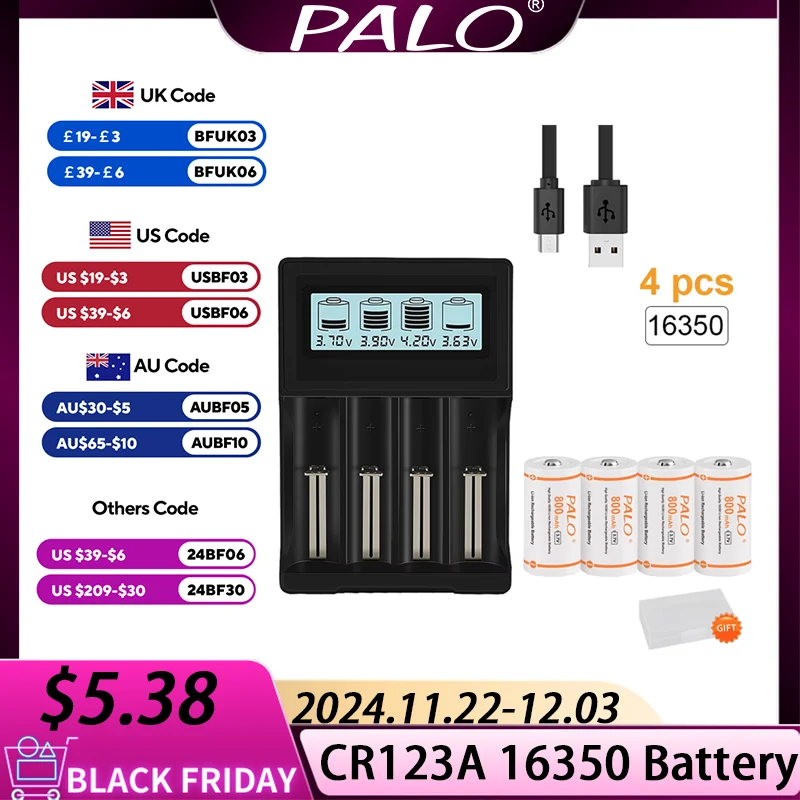 3.7V 16340 16350 Batteria Li-Ion CR123A Batteria Ricaricabile CR123 per Misuratore Fotocamera + Caricatore LCD Per 18650 18500 21700 Batteria