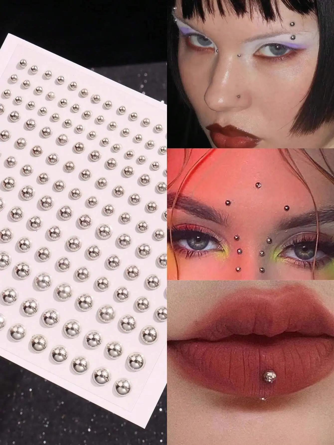 165pcs/Set 3-6mm Silver Plated Acrylic Fake Nose Rings Stickers, Fake Eyebrows Lip Rings, No Piercing Body Jewelry, Face view 6