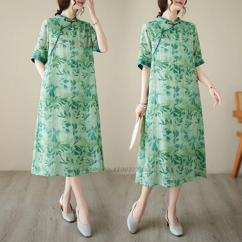 

2024 national flower print a-line improved cheongsam qipao dress traditional vintage loose dress oriental elegant folk dress