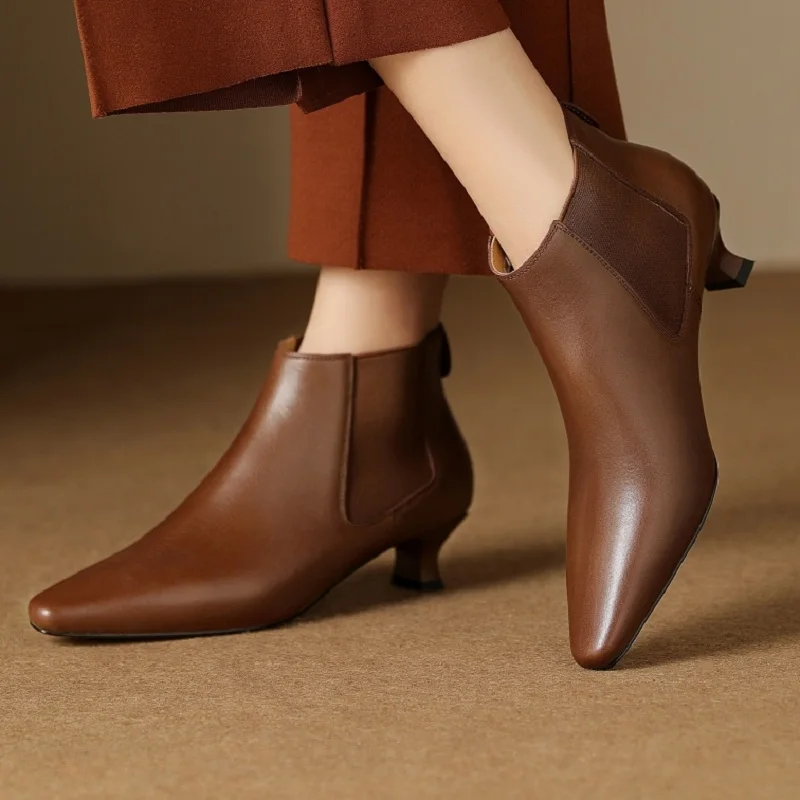 【EUNICE YUN】Modern Lady Brand Genuine Leather Winter Boots Slip On Elegant Women Shoes Square Toe Sexy High Heel Ankle Boots