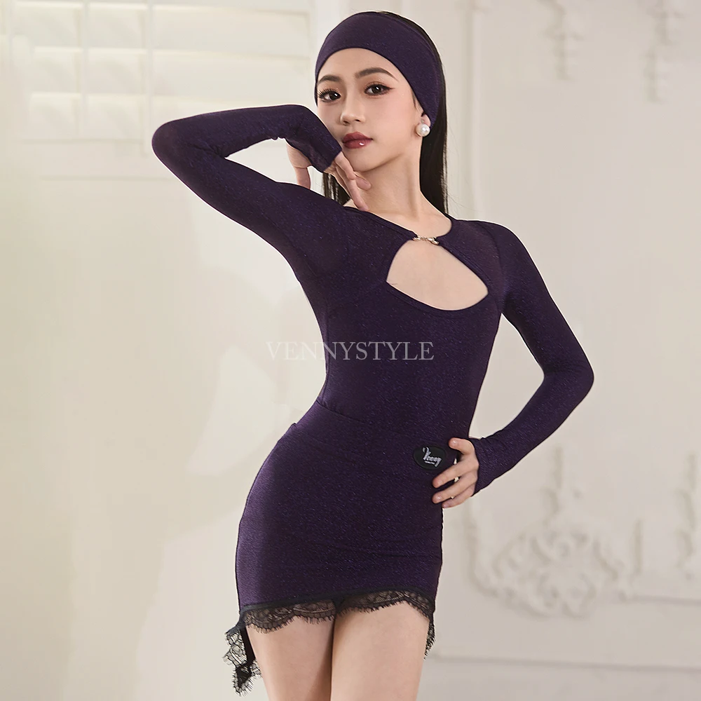 فستان رقص لاتيني ستايل للفتيات، أكمام طويلة شبكية ودانتيل، مجموعة أزياء رقص قاعة الرقص #5