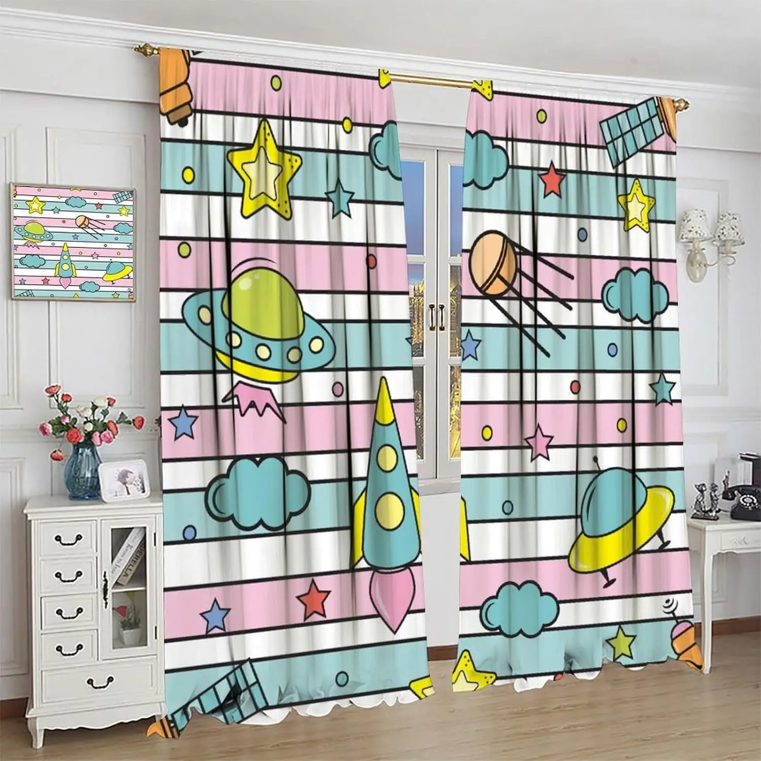 Lindas cortinas de planeta con rayas rosas, sistema Solar de dibujos animados, nave espacial con estampado de cohetes, decoración, varillas, tratamientos de ventana de bolsillo para niños y niñas