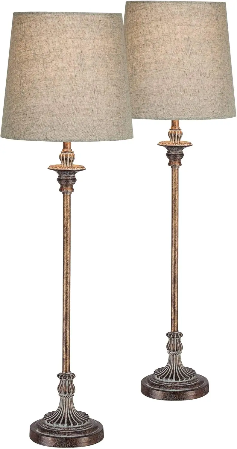 

Bentley Traditional French Country Style Buffet Table Lamps 31.5" Tall Skinny Set of 2 Weathered Brown Ridged Linen Fabric T