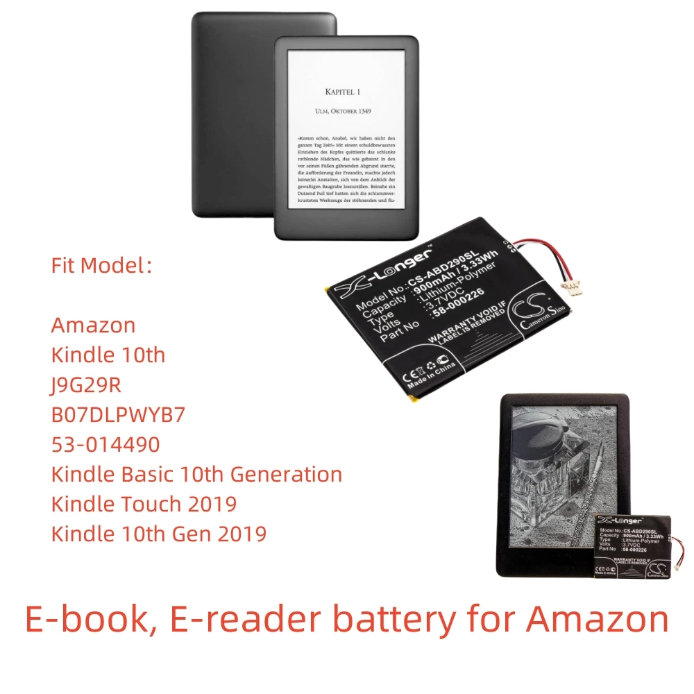 

Li-Polymer E-book, E-reader battery for Amazon,3.7v,900mAh,J9G29R B07DLPWYB7 53-014490 Kindle Basic 10th Generation